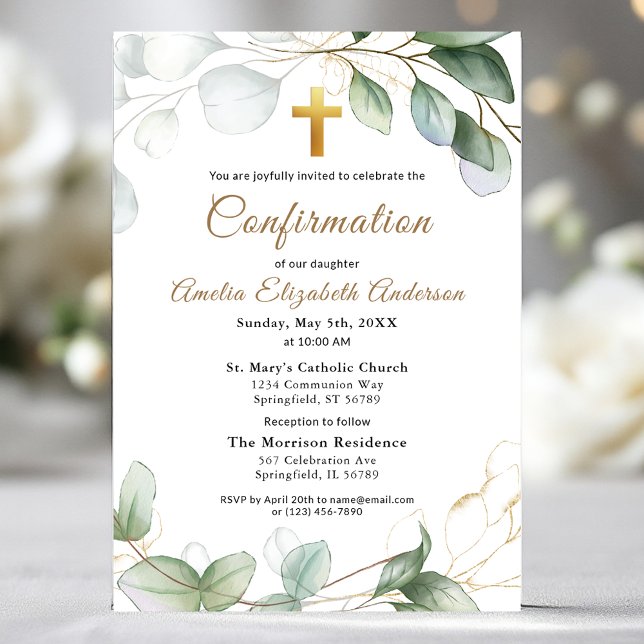 Confirmation Eucalyptus Greenery Gold Girl Postcard (Creator Uploaded)