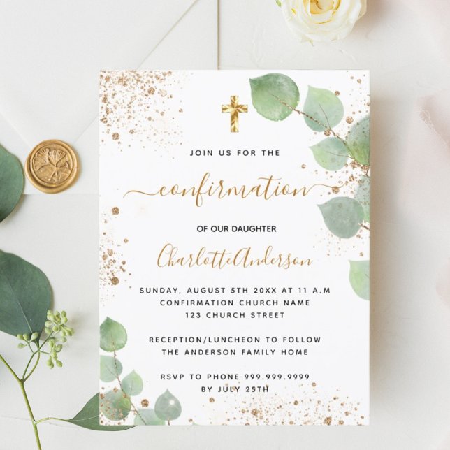 Confirmation eucalyptus greenery gold glitter girl invitation postcard (Creator Uploaded)