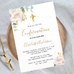 Confirmation eucalyptus white floral invitation<br><div class="desc">A white background decorated with eucalyptus greenery,  a white peony,  golden leaves. Personalise and a name and ceremony details. Black and golden coloured letters.
Back: green background.</div>