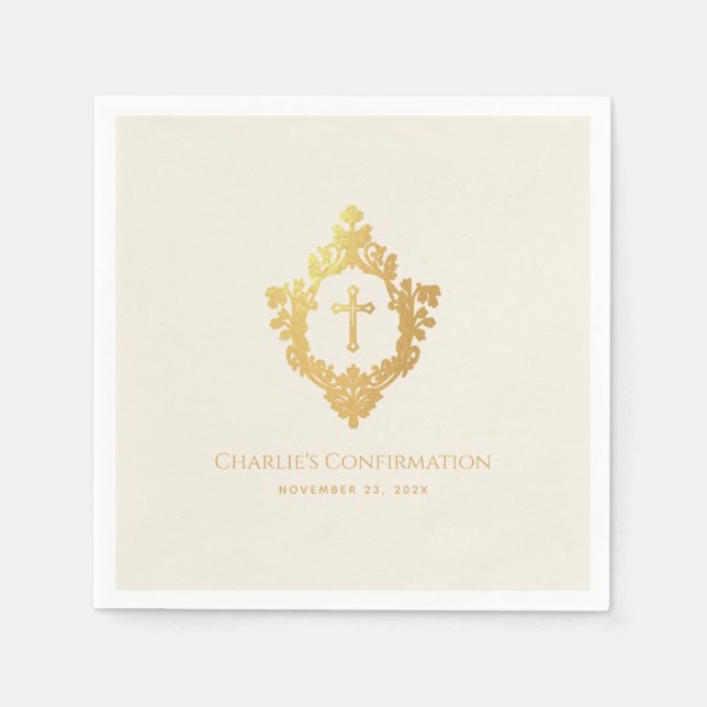 Confirmation Faux Gold Cross Crest Ivory Religious Napkin (Front)
