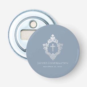 Confirmation Favours Boy Dusty Blue Vintage Crest Bottle Opener