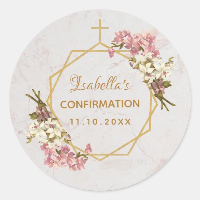 Confirmation Floral Gold Cross Pink Orchids Marble Classic Round Sticker (Front)