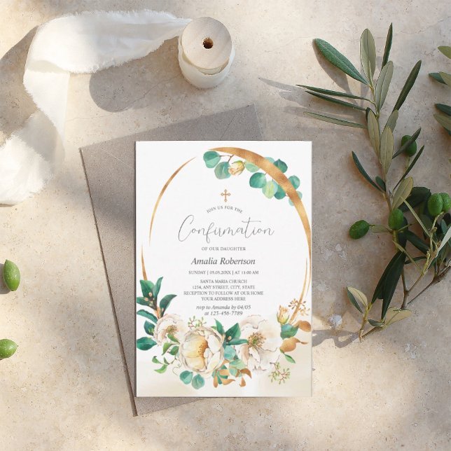 Confirmation FloralGreenery Golden Invitation (Creator Uploaded)