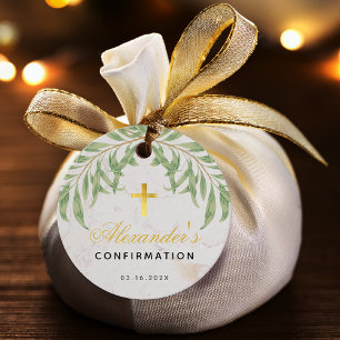 Confirmation Foliage Marble Calligraphy Gold Cross Favour Tags