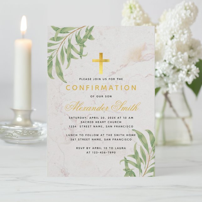 Confirmation Foliage Marble Gold Willow Leaves Invitation (Creator Uploaded)