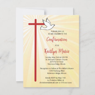 Confirmation for a Girls Cross Dove Gold Rays Invitation