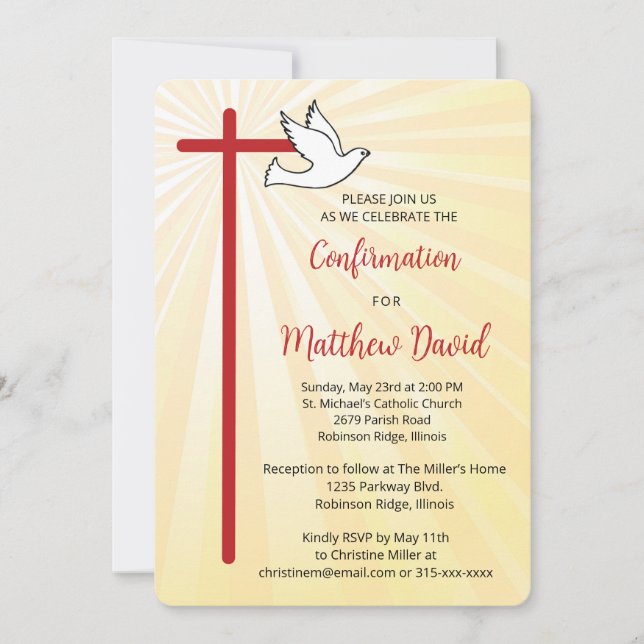 Confirmation for Boy Cross Dove Gold Rays Invitation (Front)