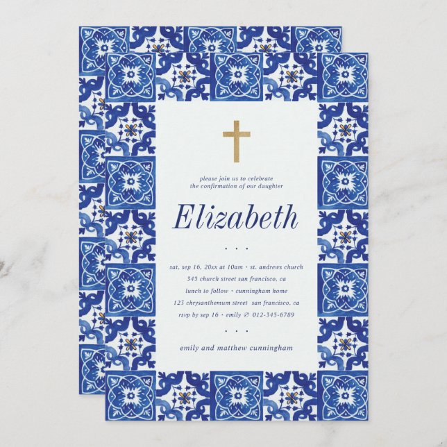 Confirmation For Her Blue Mediterranean Tiles Invitation (Front/Back)