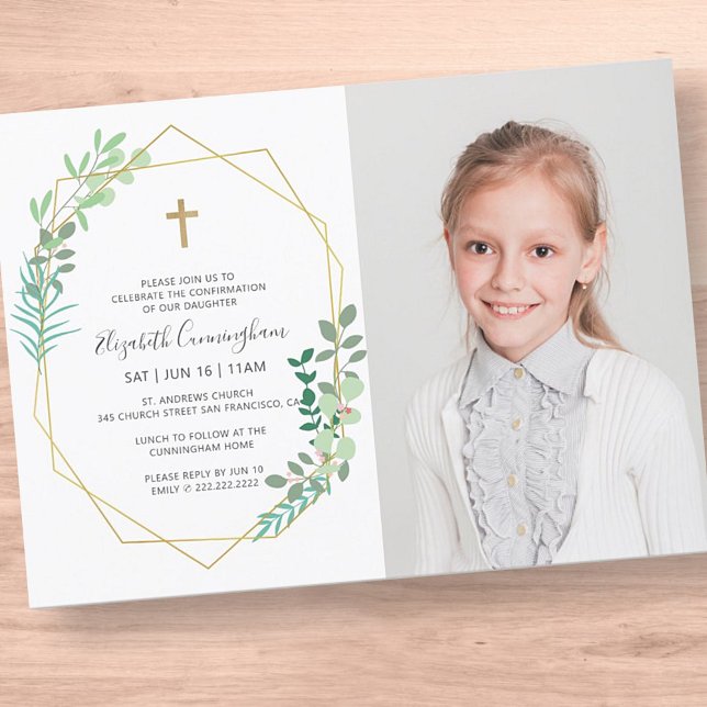 Confirmation For Her Geometric Foliage Cross Invitation (Creator Uploaded)