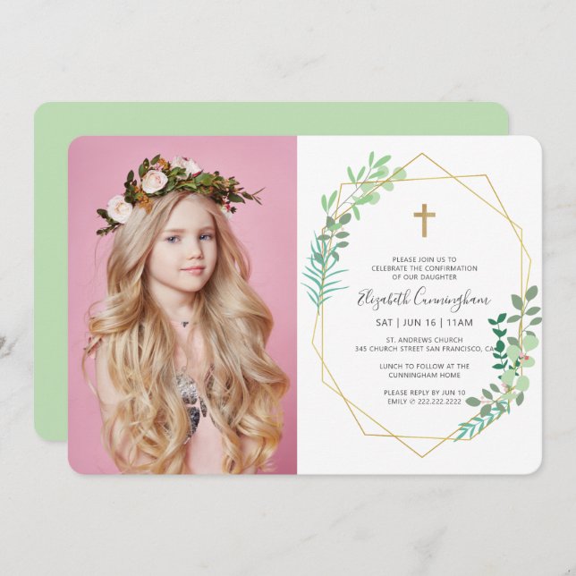 Confirmation For Her Geometric Foliage Cross Invitation (Front/Back)