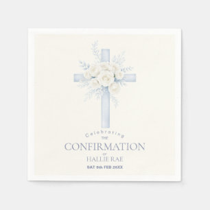 Confirmation for her, Modern Blue Floral Cross Napkin