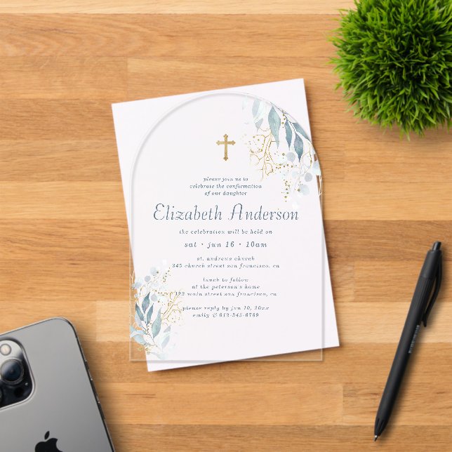 Confirmation For Her Modern Foliage Gold Cross Acrylic Invitations (Insitu (Invitation Card))