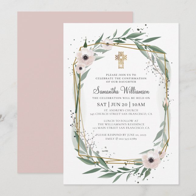 Confirmation For Her Modern Geometric Floral Cross Invitation (Front/Back)
