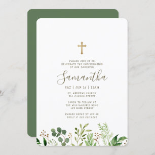 Confirmation For Her Watercolor Foliage Cross Invitation