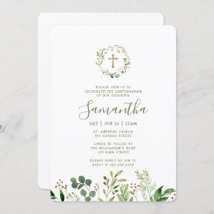 Confirmation For Her Watercolor Foliage Gold Cross Invitation