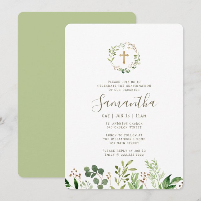 Confirmation For Her Watercolor Foliage Gold Cross Invitation (Front/Back)