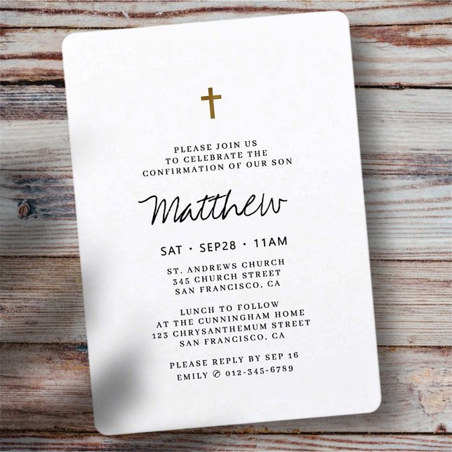 Confirmation For Him Minimalist Faux Gold Cross Invitation (Creator Uploaded)