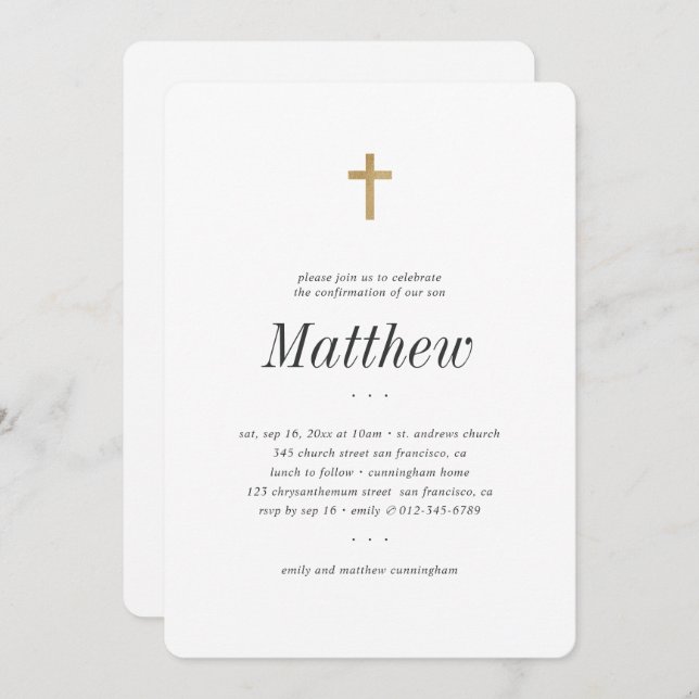 Confirmation For Him Minimalist Faux Gold Cross Invitation (Front/Back)