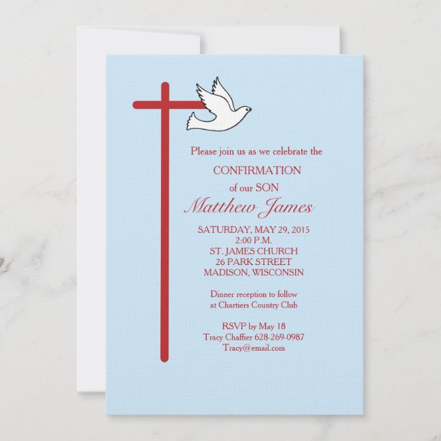 Confirmation for Son with Cross and Dove Blue Invitation (Front)