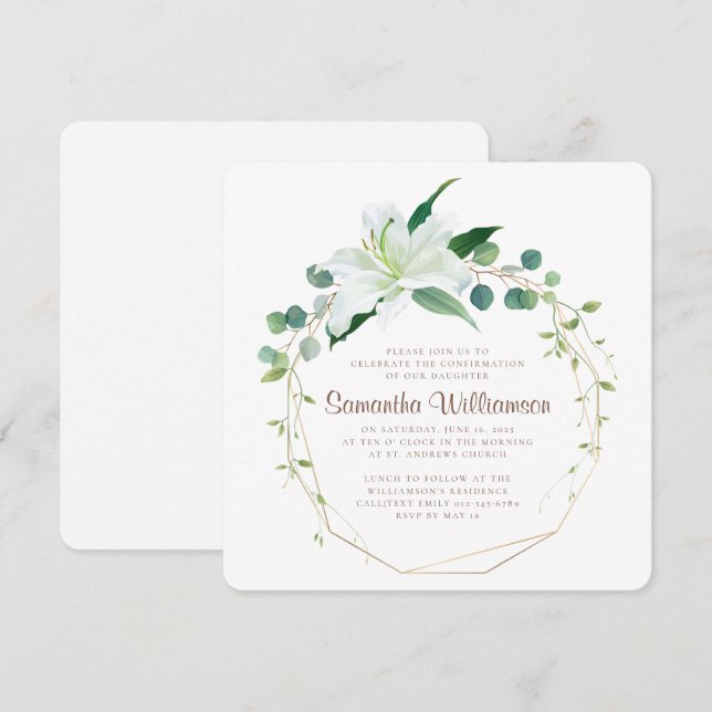 Confirmation Geometric and Modern White Floral Invitation (Front/Back)