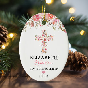 Confirmation Gift   Pink Floral Cross Ceramic Ornament