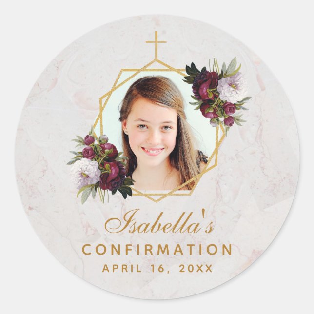 Confirmation Girl Photo Gold Burgundy Peonies  Cla Classic Round Sticker (Front)