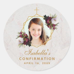 Confirmation Girl Photo Gold Burgundy Peonies  Cla Classic Round Sticker
