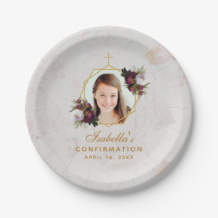 Confirmation Girl Photo Marble Burgundy Peonies Pa Paper Plate