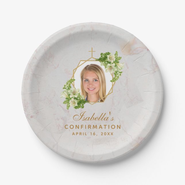 Confirmation Girl Photo Marble White Lilies Gold Paper Plate (Front)