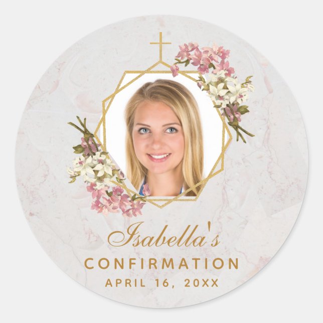 Confirmation Girl Photo Pink Orchids Gold Marble  Classic Round Sticker (Front)