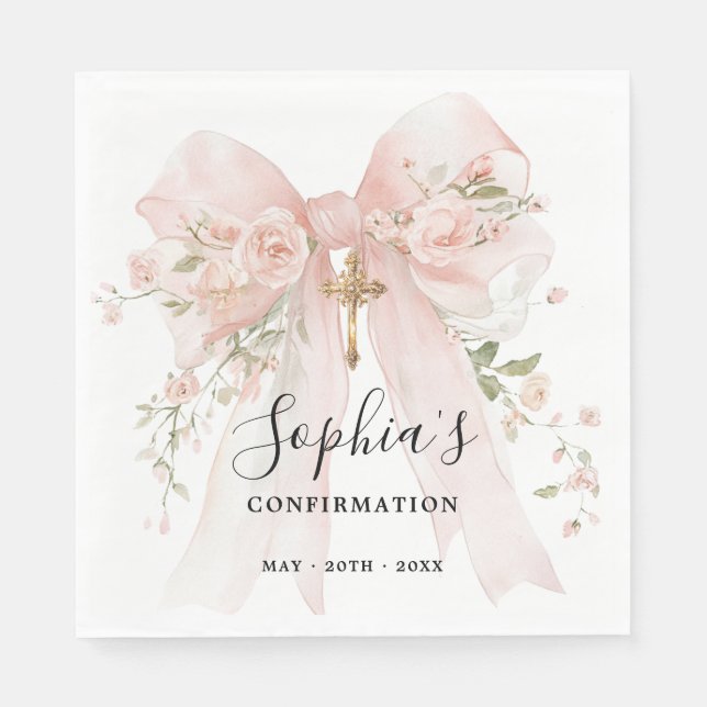Confirmation Girl Pink Bow Roses Custom Napkin (Front)