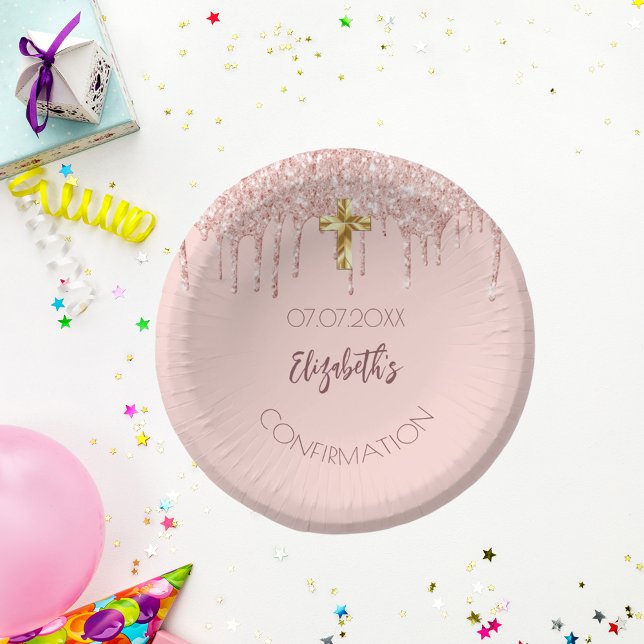Confirmation girl rose gold glitter drips name paper plate (Creator Uploaded)
