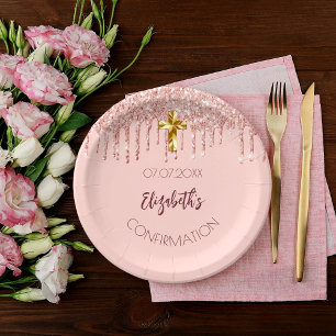 Confirmation girl rose gold glitter drips name paper plate