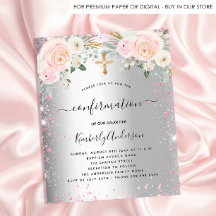 Confirmation girl silver pink floral invitation flyer