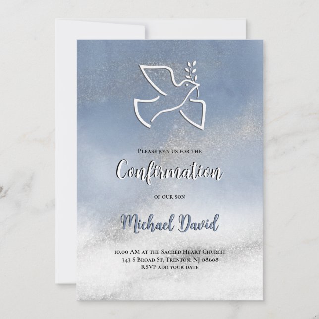 Confirmation gray blue marble invitation (Front)