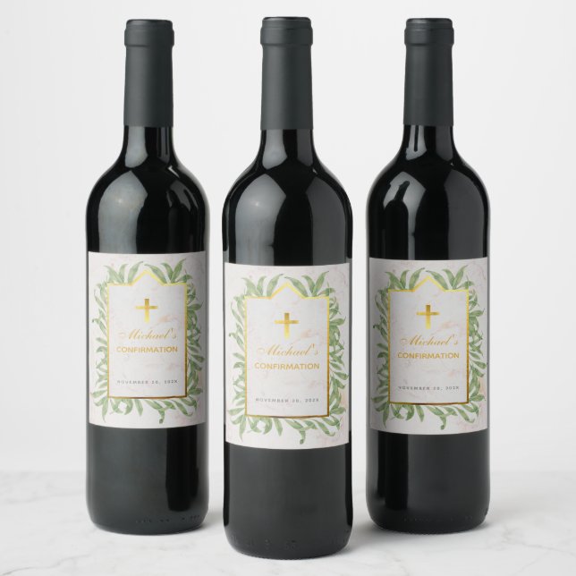 Confirmation Greenery Faux Gold Marble Botanical  Wine Label (Bottles)