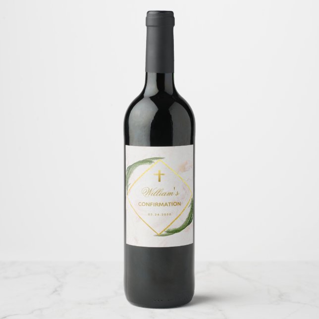 Confirmation Greenery Faux Gold Marble Fern Leaves Wine Label (Front)