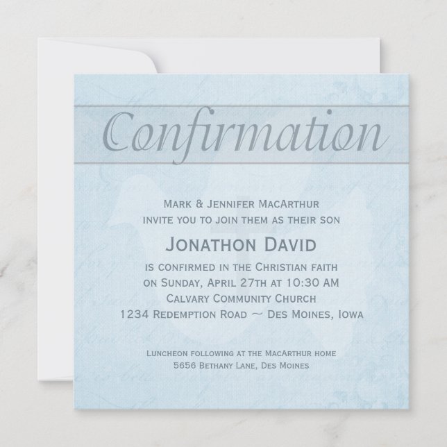 Confirmation Holy Spirit Dove and Cross Blue Invitation (Front)