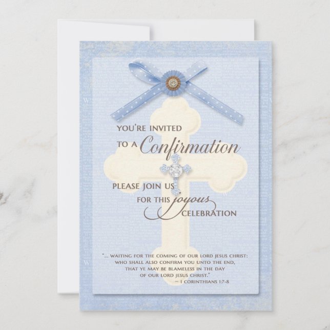 Confirmation Invitation - Blue w/ cross & ribbo (Front)