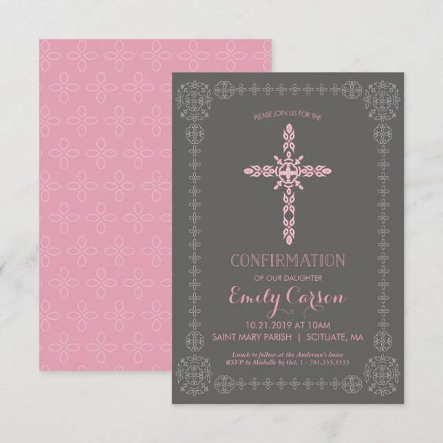 Confirmation Invitation, Girls Invite with Cross (Front/Back)
