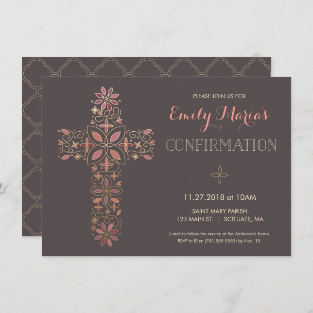 Confirmation Invitation - Gold, Pink Cross Invite (Front/Back)