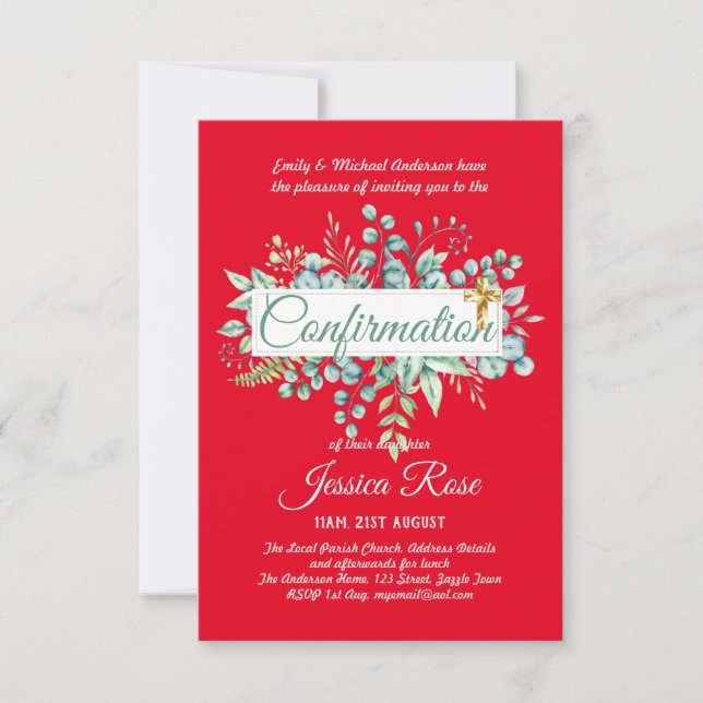 Confirmation Invitations Eucalyptus Greenery Budge (Front)