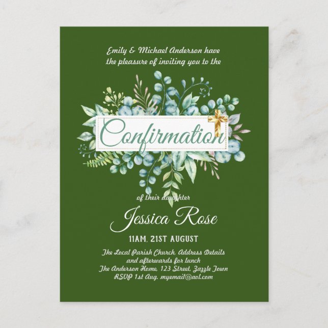 Confirmation Invitations Eucalyptus Greenery Budge (Front)