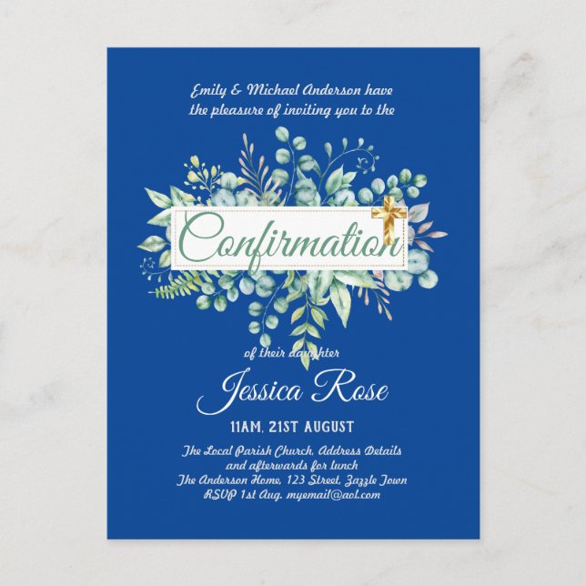 Confirmation Invitations Eucalyptus Greenery Budge (Front)
