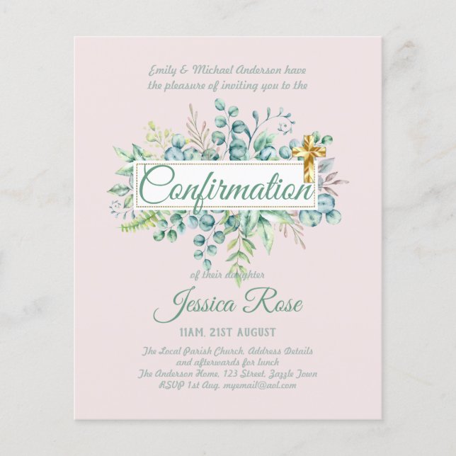 Confirmation Invitations Eucalyptus Greenery Budge (Front)