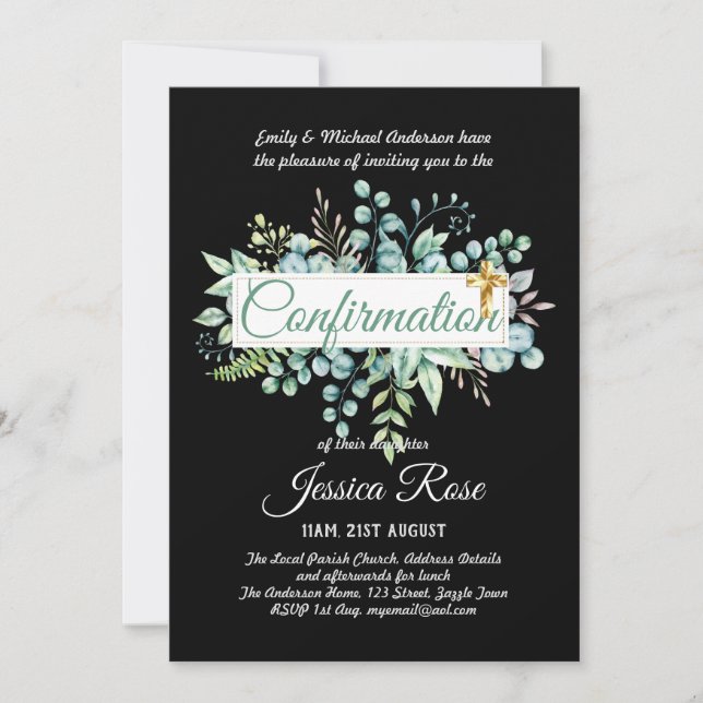 Confirmation Invitations Eucalyptus Greenery Budge (Front)
