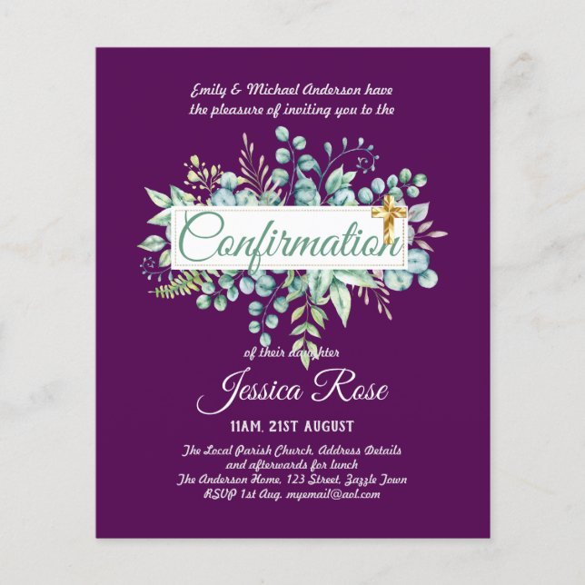 Confirmation Invitations Eucalyptus Greenery Budge (Front)