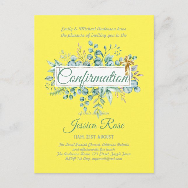 Confirmation Invitations Eucalyptus Greenery Budge (Front)