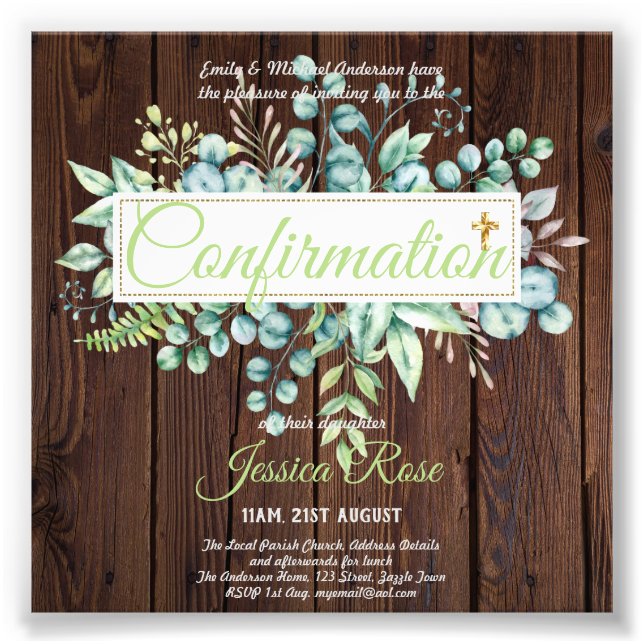 Confirmation Invitations Eucalyptus Greenery Budge Photo Print (Front)