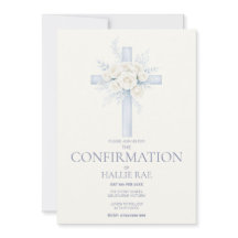 Confirmation Invite, Modern Blue Floral Cross